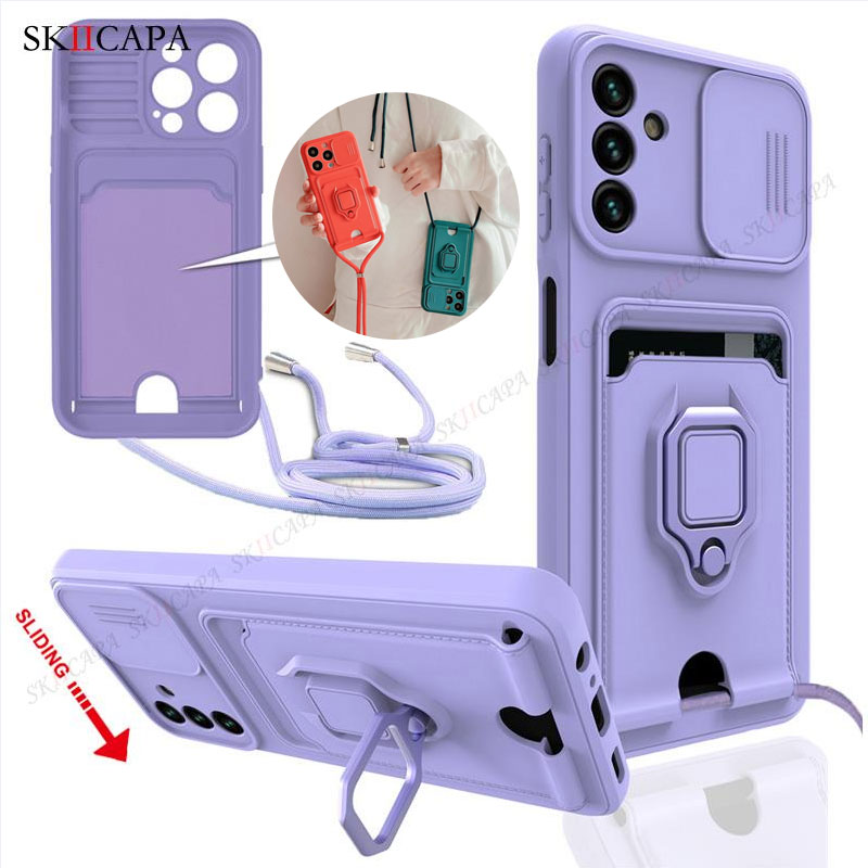 Custodia per slot per schede con obiettivo scorrevole per Samsung A15 A25 A35 A55 A05 A05S A24 A34 A54 A14 A13 5G A32 Custodia in silicone con cordino a tracolla
