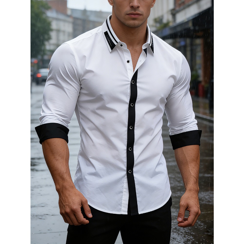 Camicie da Uomo FGKKS, Eleganti e alla Moda, Casual Smart per Affari, Maniche Lunghe, Micro Elastiche, Patchwork, Camicia Bianca Maschile