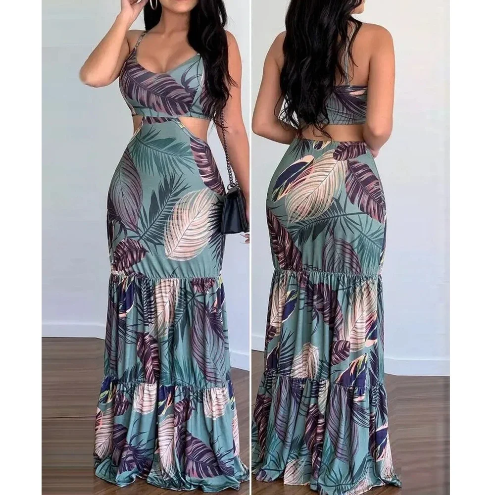 Abito floreale Casual da donna con scollo a v matita senza maniche aderente abito lungo con spalline sottili Summer Camis Tops Maxi Dress