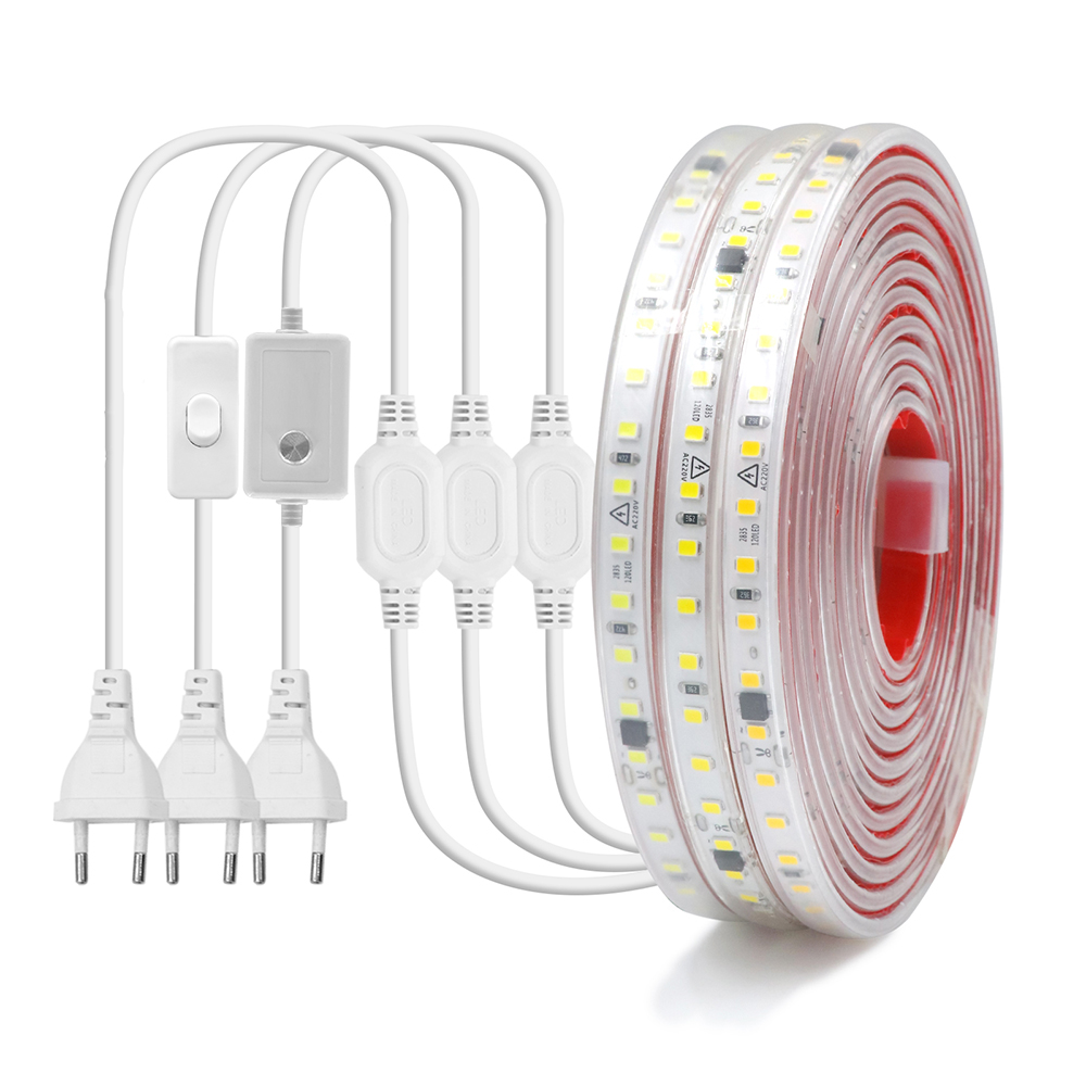Regulável led luz de tira 220v interruptor ue power dimmer kit à prova dwaterproof água 2835 120leds/m alta brilhante fita flexível decoração casa 0.5m 10m 20m