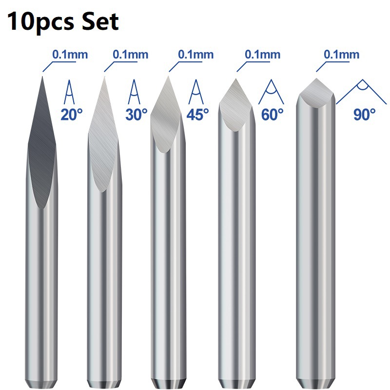 10 pçs cnc gravura bit 3 borda pirâmide gravura bits 3.175mm haste 20-90d carboneto final millcnc roteador bit fresa