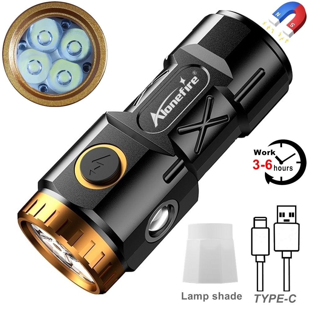 Senter Mini kuat 4LED, senter Super terang pengisian Usb pena klip ekor Magnet luar ruangan portabel pencahayaan darurat X84