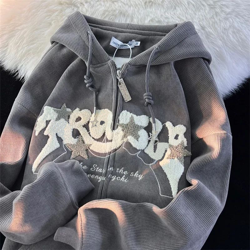 Sudaderas con cremallera bordadas a la moda para mujer, Tops de manga larga de otoño, camisa con capucha holgada, ropa Harajuku Y2K, sudadera para mujer, chaqueta