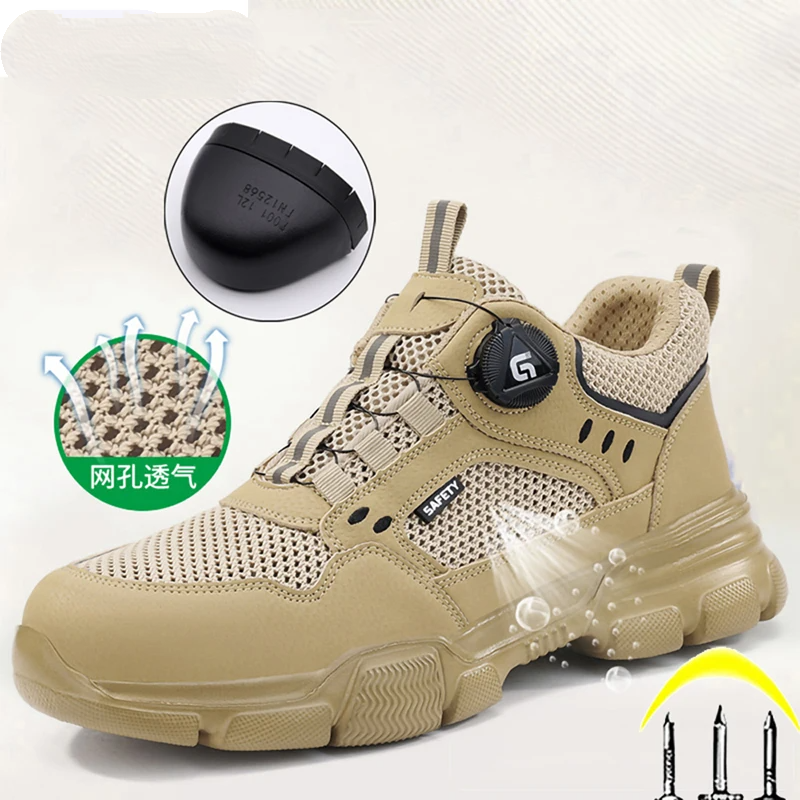 Zomerveiligheid Ademende schoenen Heren Anti-smash Anti-lek Werksneakers Schoenen met stalen neus Beschermingsschoenen met draaiknop