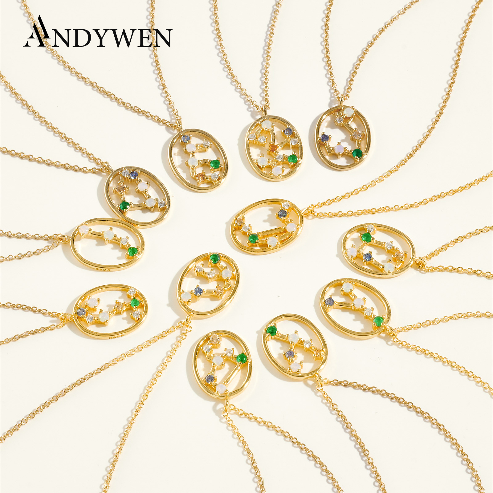 ANDYWEN – collier avec pendentif signes du zodiaque en argent Sterling 100% 925, arc-en-ciel, bijoux de mariage, bijoux fins, style Rock Punk, cristaux ovales, 2021