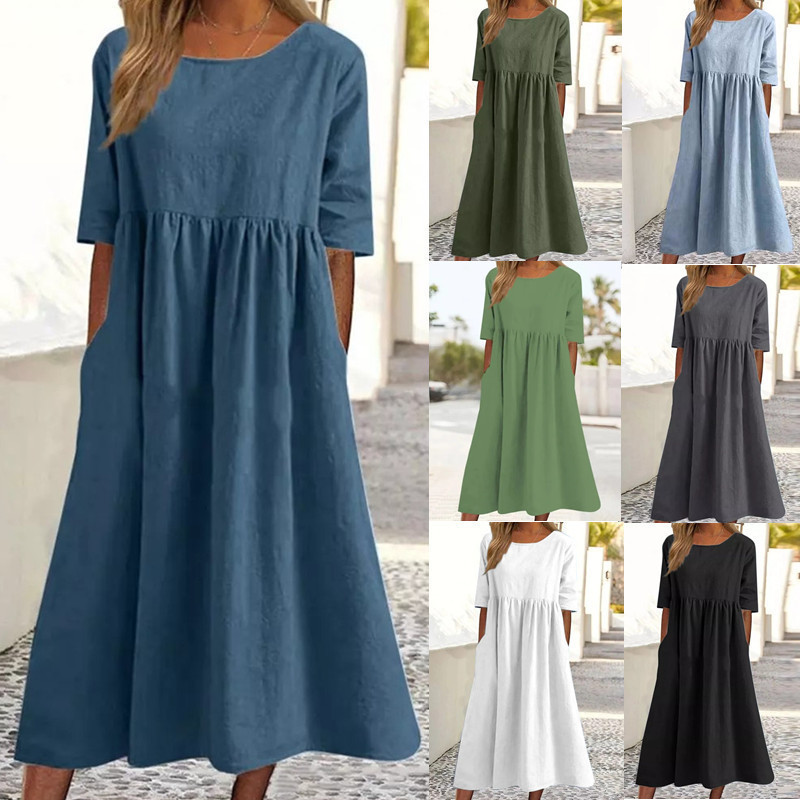 Sommer Neue Baumwolle und Leinen Casual Kurzarm Tasche Falten Lose Rundhals frauen Kleid 300