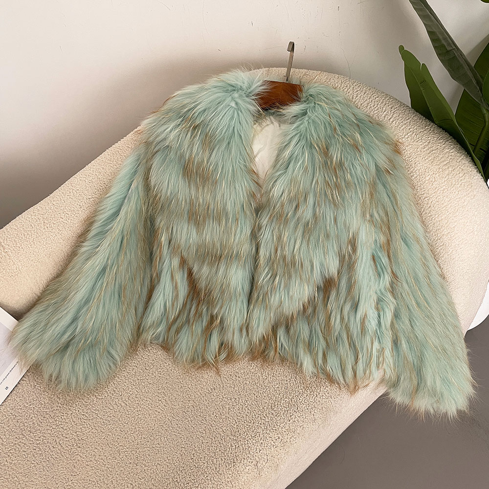 Jaqueta de pele de guaxinim natural real novo casaco de malha de pele de luxo fofo feminino casaco de inverno gola de pele natural outerwear curto