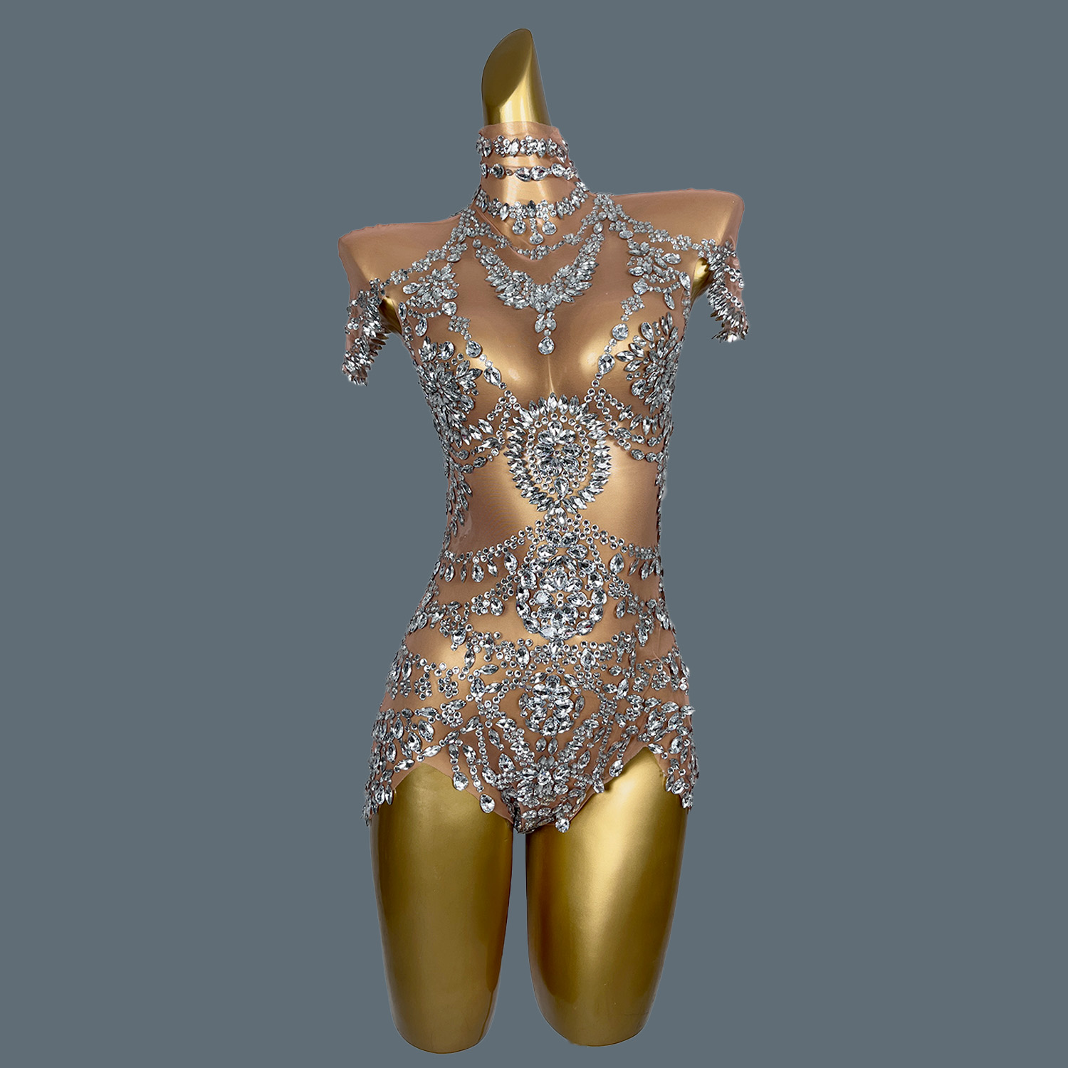 Body de diamantes brillantes para mujer, traje de baile transparente de malla Sexy, disfraz de actuación, cantante, fiesta, Club, espectáculo, ropa de escenario Wuniang