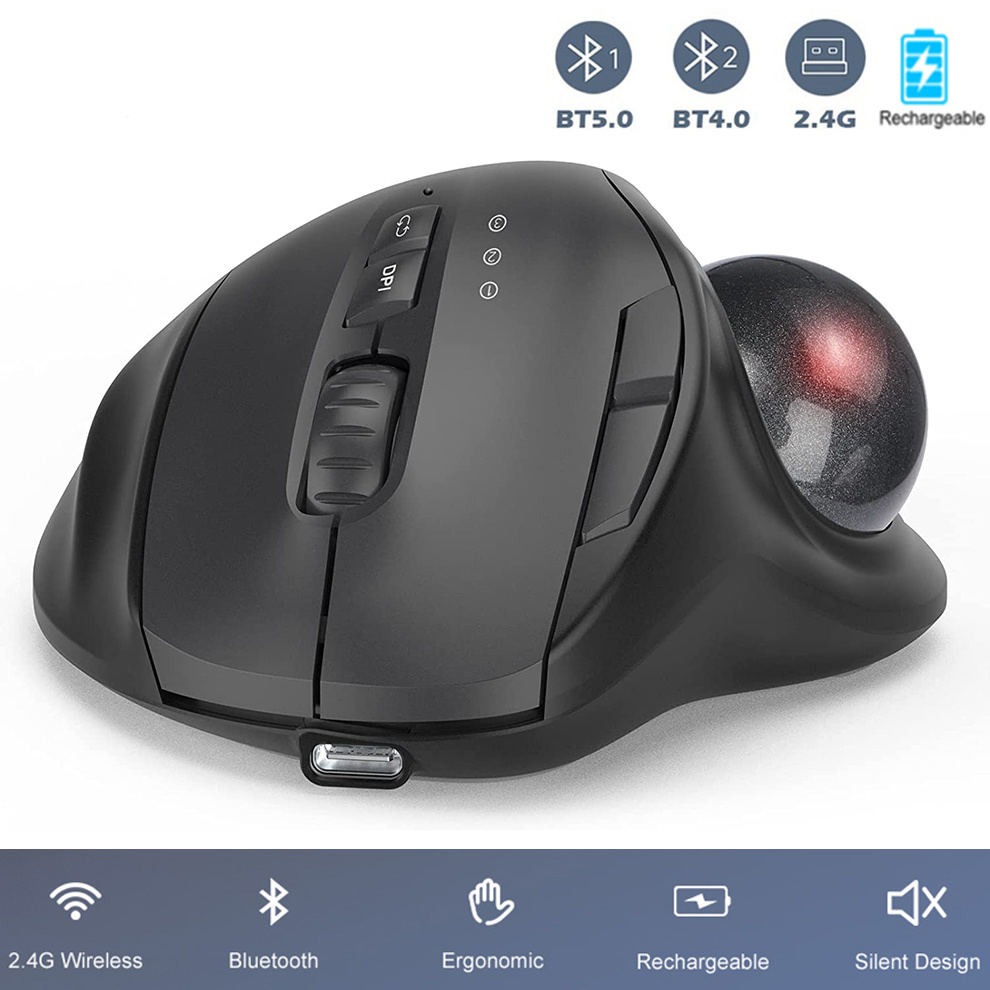 Jomaa Schwarz 2,4G + Bluetooth Drahtlose Trackball Maus Wiederaufladbare Rollerball Mäuse Ergonomische Mäuse Daumen Control Maus Gaming