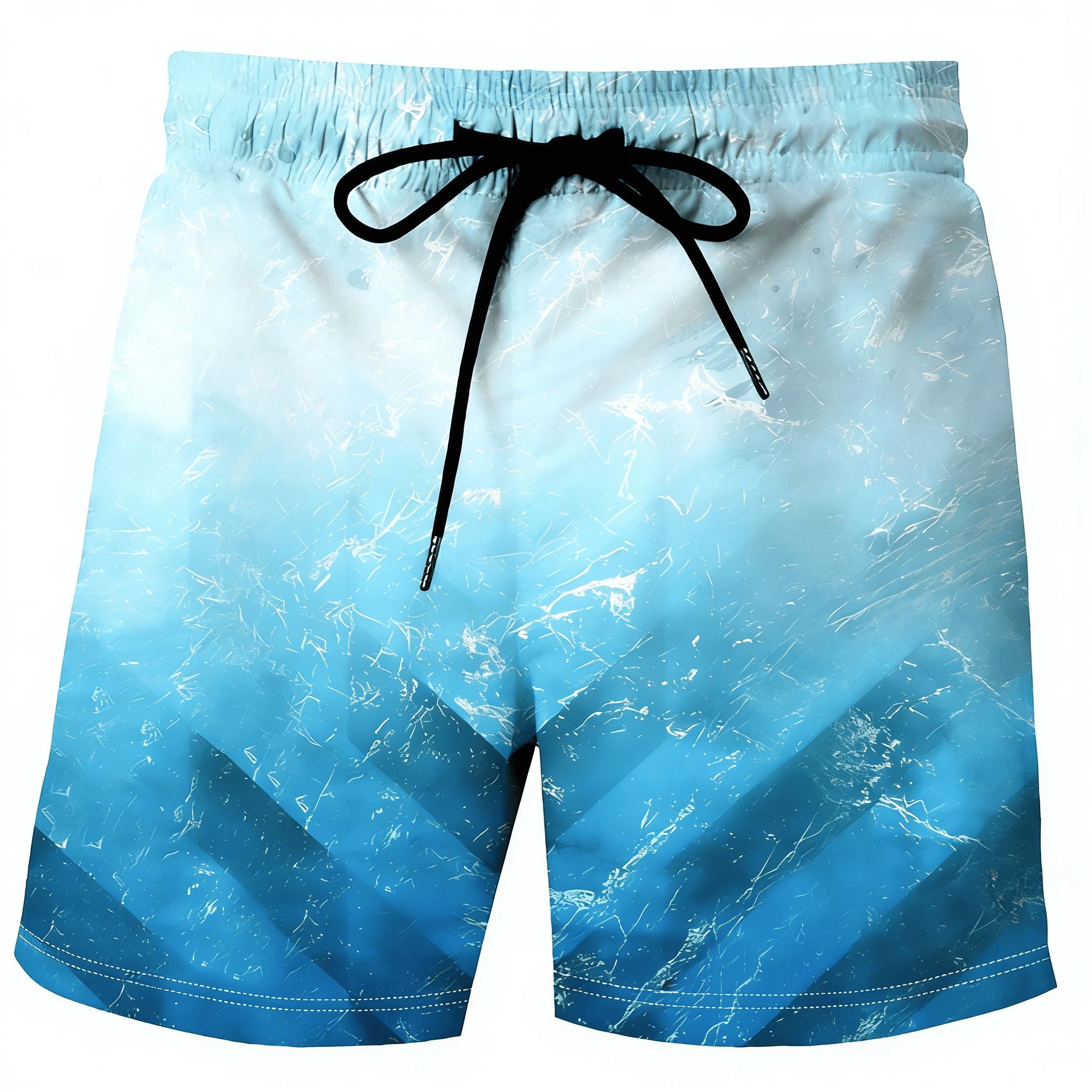 Herren-Shorts mit blau-weißem Farbverlauf und geometrischem Eisriss-Print, Sommer-Shorts im coolen Street-Casual-Stil, Strandshorts mit Taschen