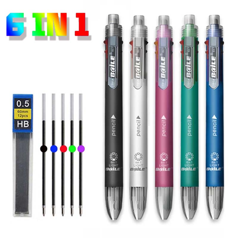 6 In 1 Multicolor Roll Ball ปากกาชุดเติมตะกั่ว 5 สีปากกาลูกลื่นและ 1 ดินสอ Core Creative มัลติฟังก์ชั่นปากกาทําเครื่องหมาย