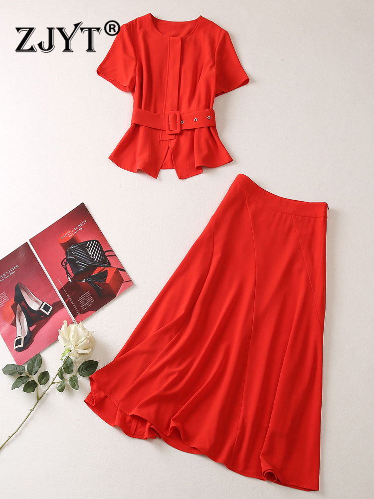 ZJYT eleganckie czerwone Party zestawy sukienek pasujące 2 sztuka dla kobiet Conjuntos De Vestidos lato z krótkim rękawem Top Falda strój garnitury