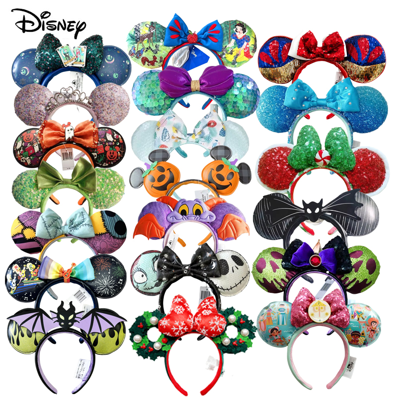 2025 Diadema con orejas de Minnie de Disney para mujer, diadema de Disneyland de Mickey para adultos/niños, accesorios de Cosplay de lentejuelas de felpa de cuero para niñas