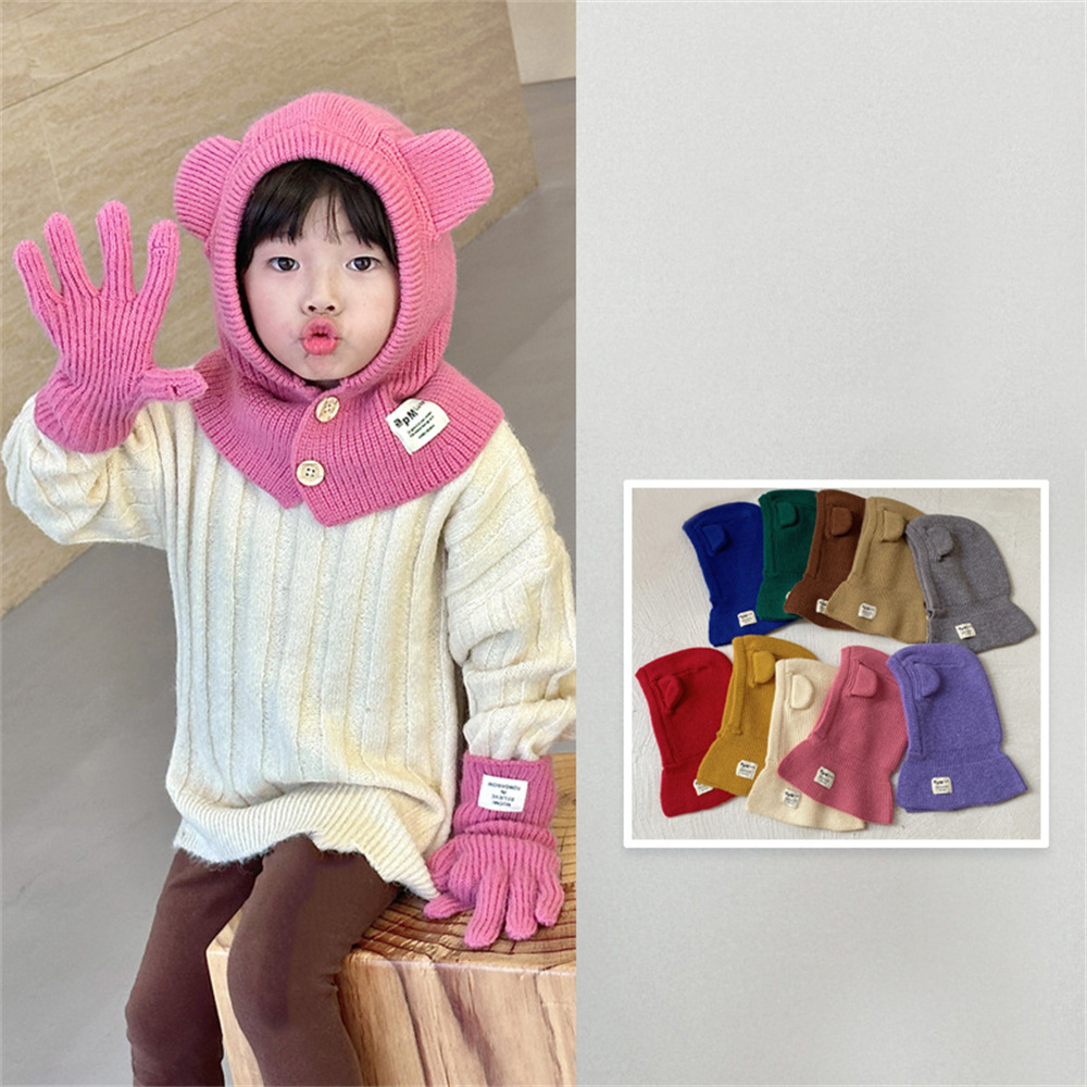 Cute Bear Ear Children Hat Scarf One Piece Winter Warm Kids Beanie Cap Solid Color Knitted Ear Protection Caps Balaclava Bonnet