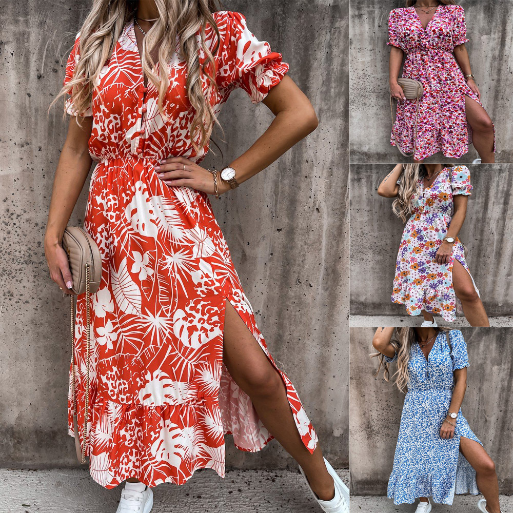 Summer Floral Print Dress Women V Neck Side Slit Long Dress Elegant Short Sleeve Button Slim Spring Female Party Dress Vestidos