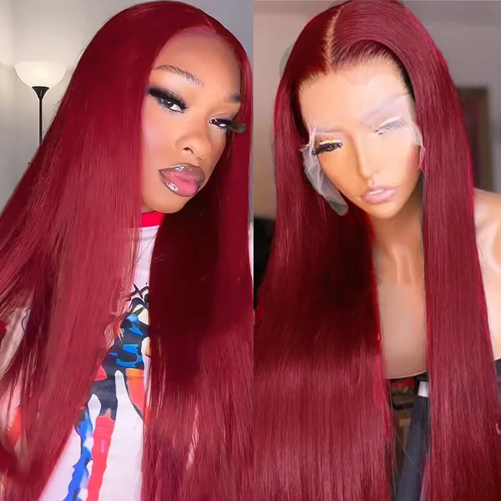 Прямые парики из натуральных волос 13x6 HD Lace Front, цвет 99J красный бордовый, прозрачные HD, с предварительно выщипанной линией роста волос