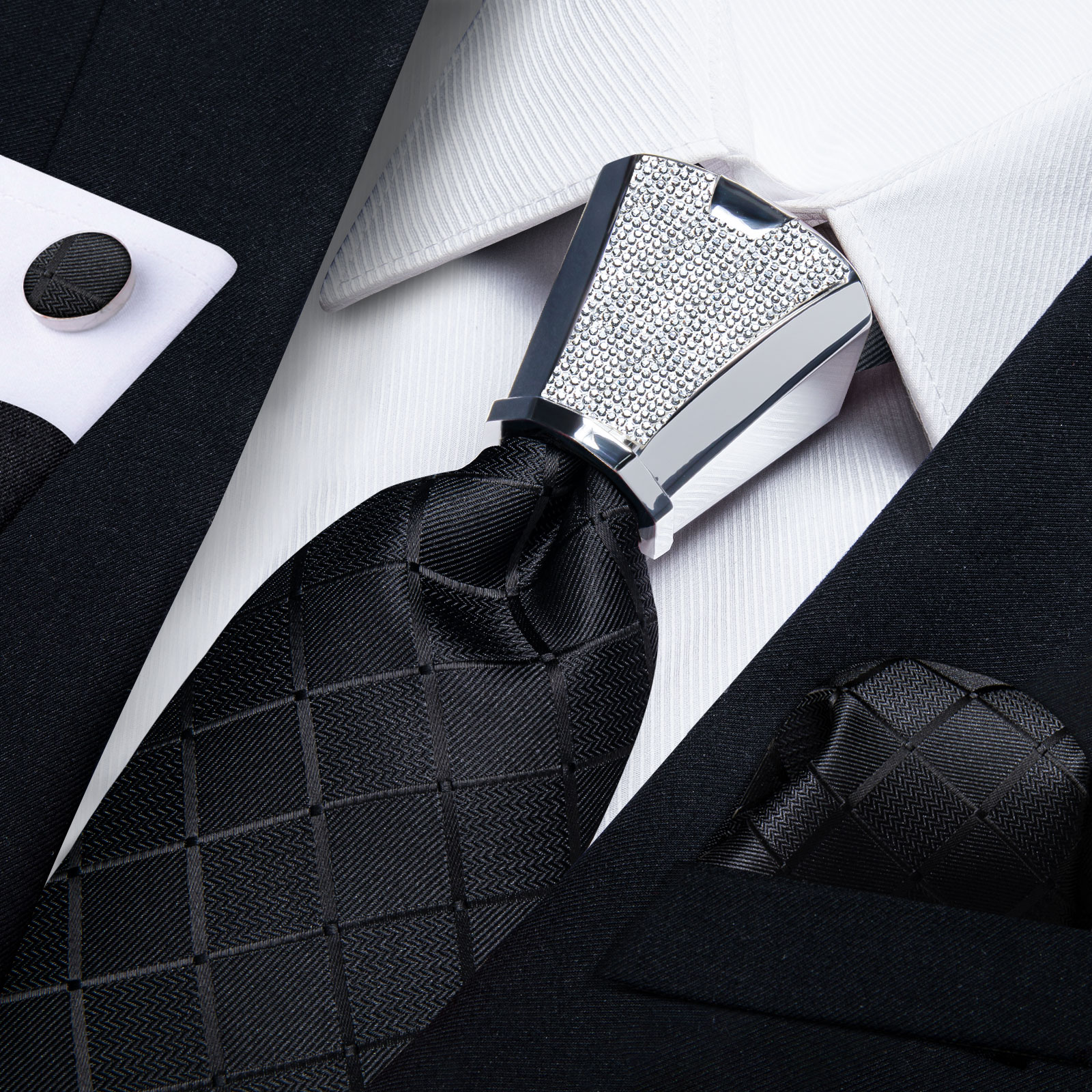 DiBanGu Business Plaid Schwarz Feste Luxus Elegante Silk Krawatten für Männer Designer Krawatte Schnalle Taschentuch Manschettenknöpfe Hochzeit Zubehör