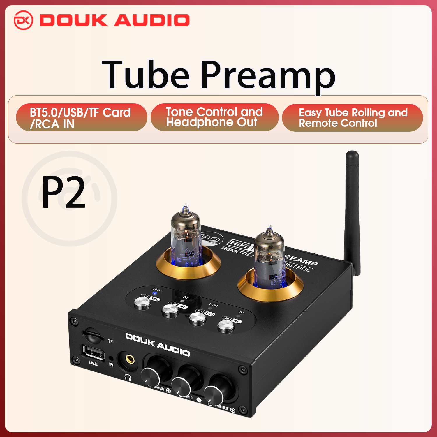 Douk Audio P2 HiFi Vacuum Tube Preamp ricevitore Bluetooth 5.0 amplificatore per cuffie Stereo lettore musicale USB