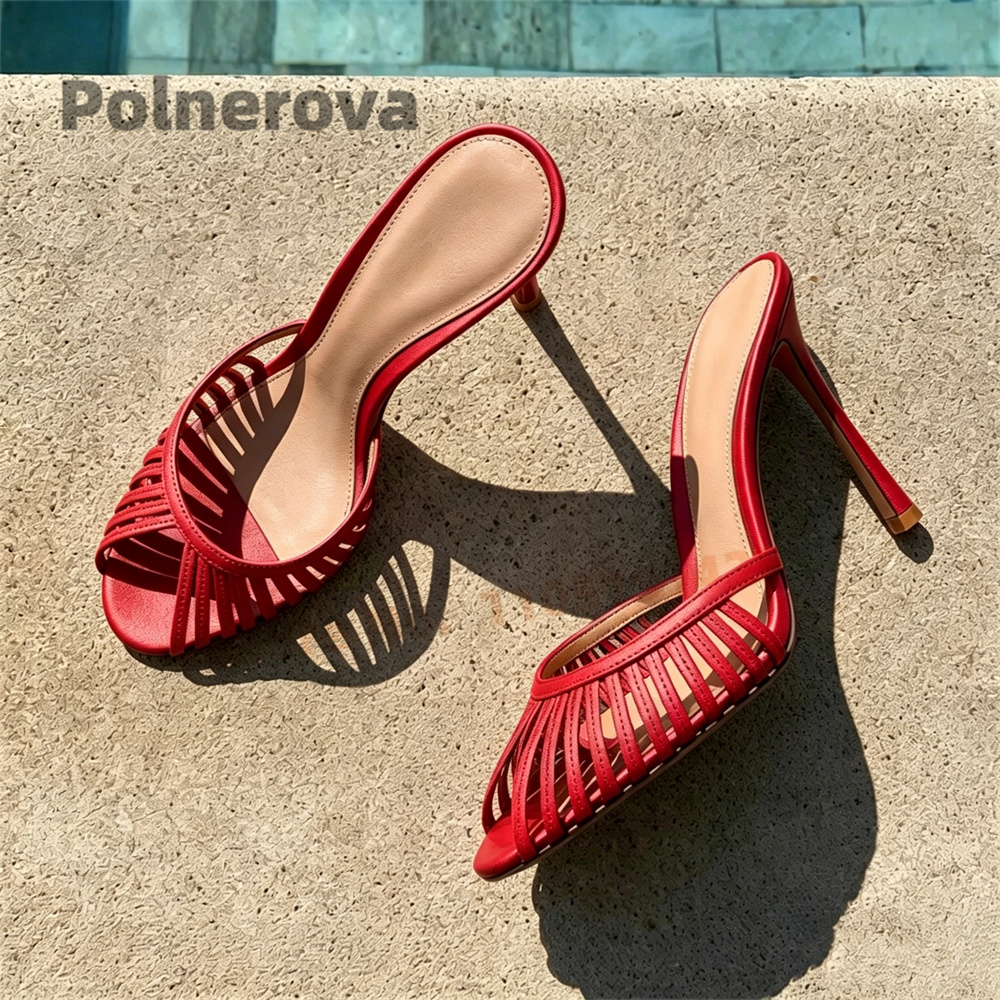 Damen-Mules mit schmalem Riemen und Peeptoe, dünne High Heels, Slipper, Sommer-Partyschuhe, zum Hineinschlüpfen, einfarbige Leder-Slides