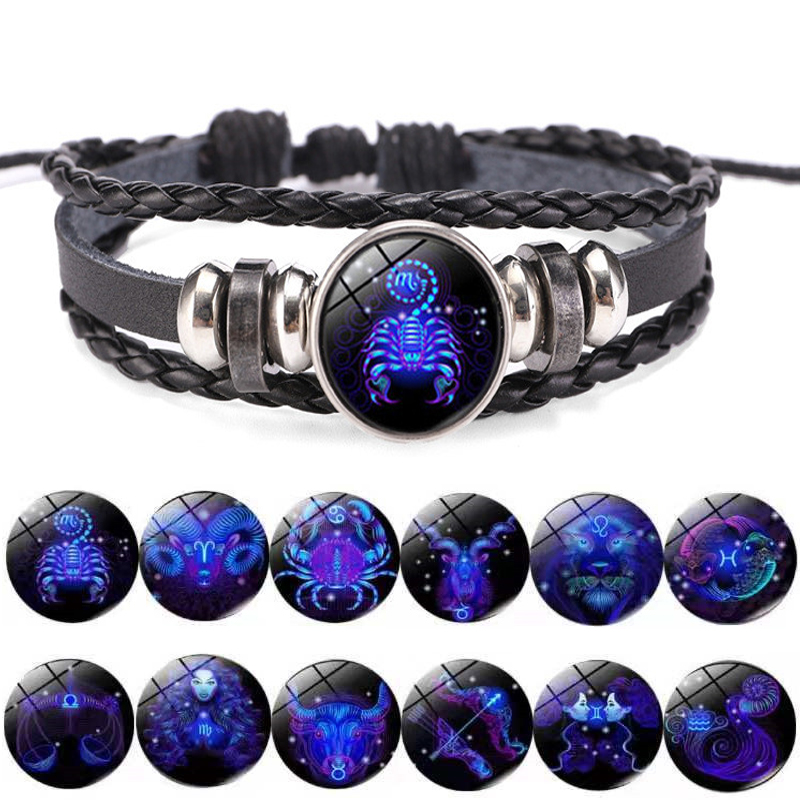 Pulseras luminosas con dije de signo del zodiaco de 12 constelaciones para hombres y mujeres, pulsera y brazalete de cuero envolvente multicapa Vintage, regalo de cumpleaños