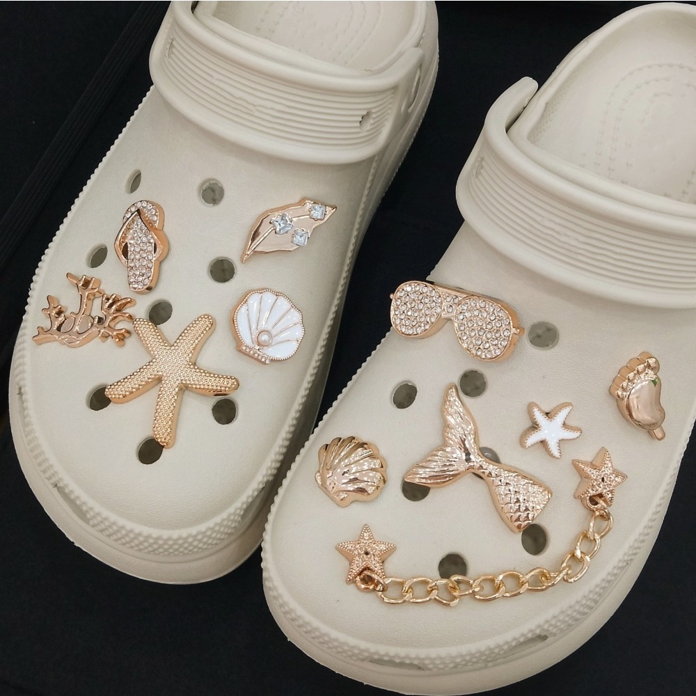Aksesori sepatu lubang 3D, sepatu aksesori kreatif seri pantai emas pesona dekorasi gesper kaki ekor ikan DIY