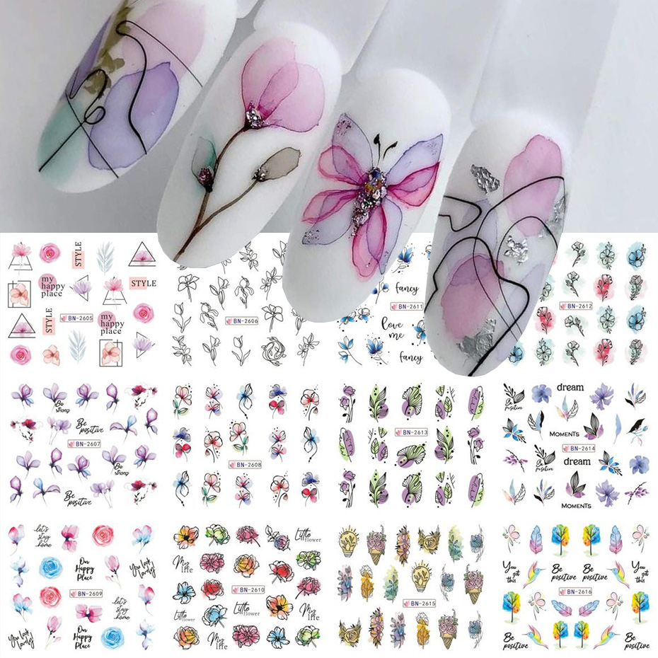 12 buah stiker seni kuku bunga tinta stiker AIR musim panas bunga mekar daun grafiti Slider dekorasi kuku foil tato