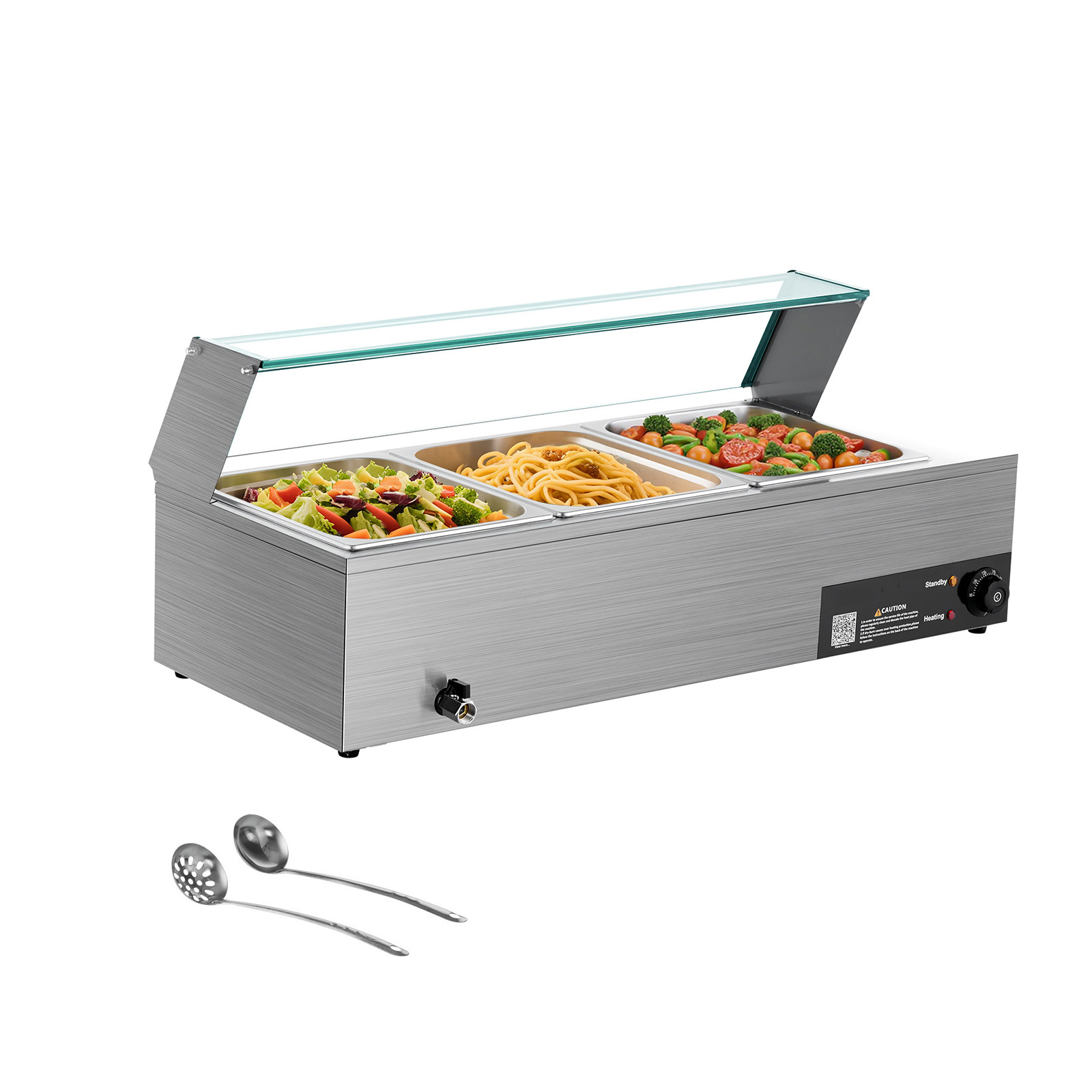 SucceBuy Aquecedor de alimentos comercial elétrico de aço inoxidável Aquecedor de alimentos a vapor com tampa de vidro Bancada de 3 panelas Buffet Bain Marie