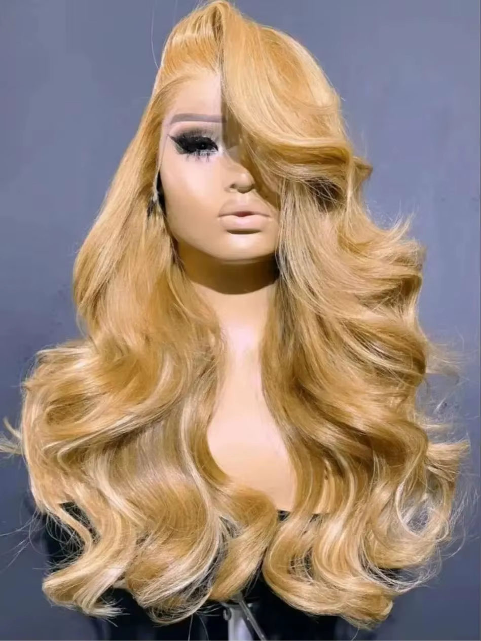 27 #   Parrucca Frontale in Pizzo HD 13x6 Biondo Miele, Capelli Umani Ondulati, Densità 230%, Pre-Piumata, Colorata, Peruviana, Parrucca Frontale in Pizzo 13x4