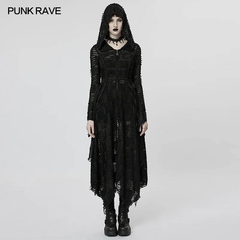 PUNK RAVE damskie łącza koronkowa siateczka ciemny płaszcz czarodzieja gotycka tajemnicza osobowość klub Halloween nieregularna długa kurtka
