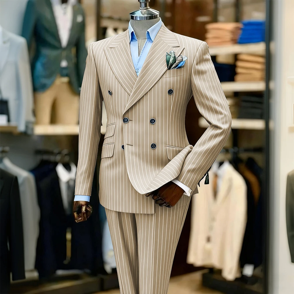 Heren Casual Gestreept Pak 2-delig Blazer Broek Set Slim Fit Bruiloft Dubbel Borstgespeld Gala Dagelijks Draagbaar Straat Speciale Gelegenheid
