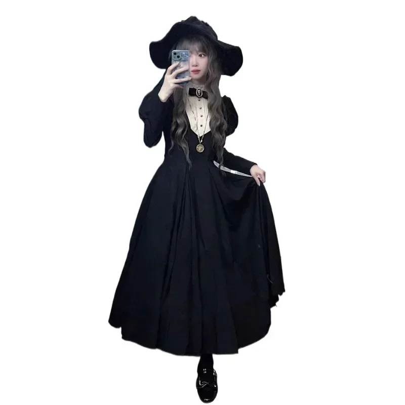 2024 New Gothic Punk Dark Style Lolita Sukienka damska Harajuku Vintage Czarny Długi rękaw Bubble Sukienka w talii Jesień Zima