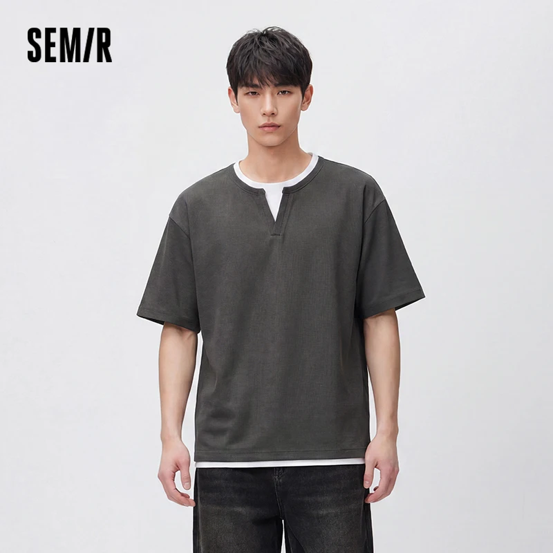 Camiseta Semir para hombre, manga corta, cuello en V, tejido gofrado con bloques de color, estilo casual holgado, jersey para otoño 2026, top para el día a día
