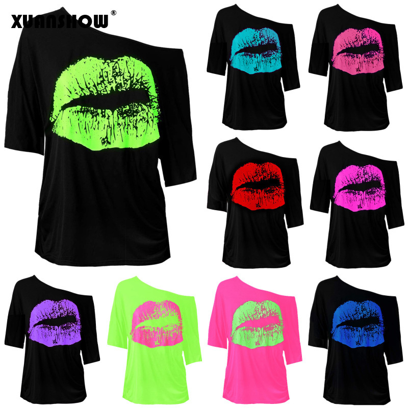 XUANSHOW-Tops de disfraz Sexy para mujer, con estampado de labios grandes Vintage ropa holgada, manga media y cuello de pico, 2024