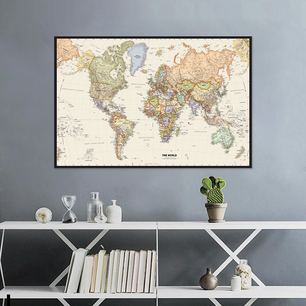 The World Map 75*50cm  with Details Vintage Canvas Painting Art Poster School Supplies Living Room Home Decorative Picture