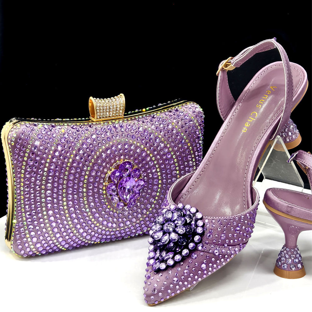 Doershow – ensemble de chaussures et sacs italiens violets pour soirée, avec pierres, sacs à main en cuir italien assortis aux sacs! HX1-1