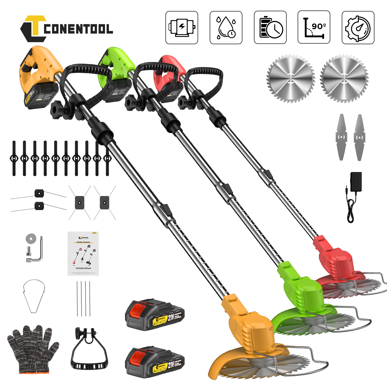 CONENTOOL 21V เครื่องตัดหญ้าไฟฟ้าอเนกประสงค์แบบพับได้พร้อมใบมีด 5 ใบสำหรับเครื่องกำจัดวัชพืชสำหรับแบตเตอรี่ Makita 18V