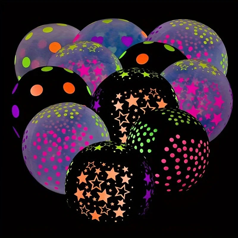 10 klare Latexballons, Neon, UV, Schwarzlicht, reaktive Sternballons, Sterne, Punkte, Geburtstagsparty-Dekorationen