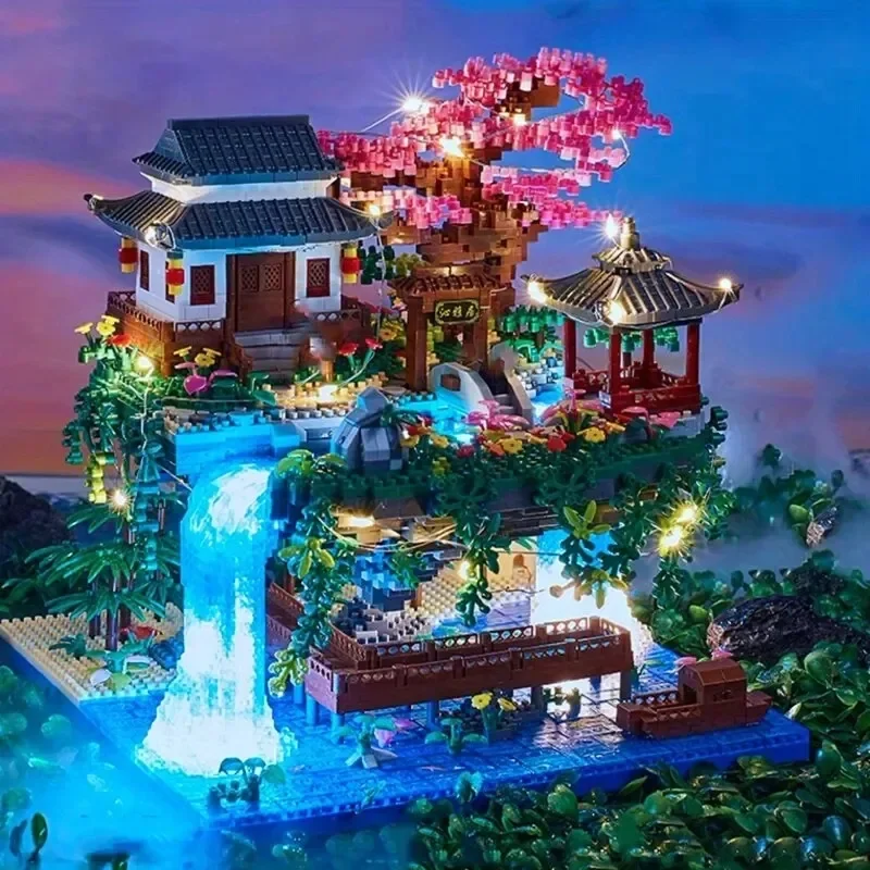MOC – piscine de fleurs de pêcher, cerisier, maison, bloc de construction, Architecture chinoise, briques à monter soi-même, jouet en fleurs de cerisier, cadeau pour enfants et adultes