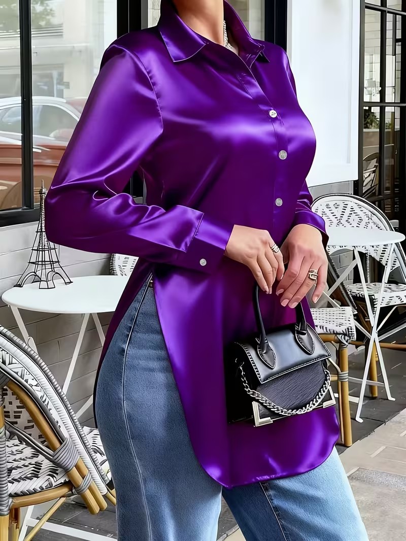   Kemeja Satin untuk Wanita - Blus Kancing Lengan Panjang dengan Kilau Elegan, Atasan Kasual & Kantor yang Chic