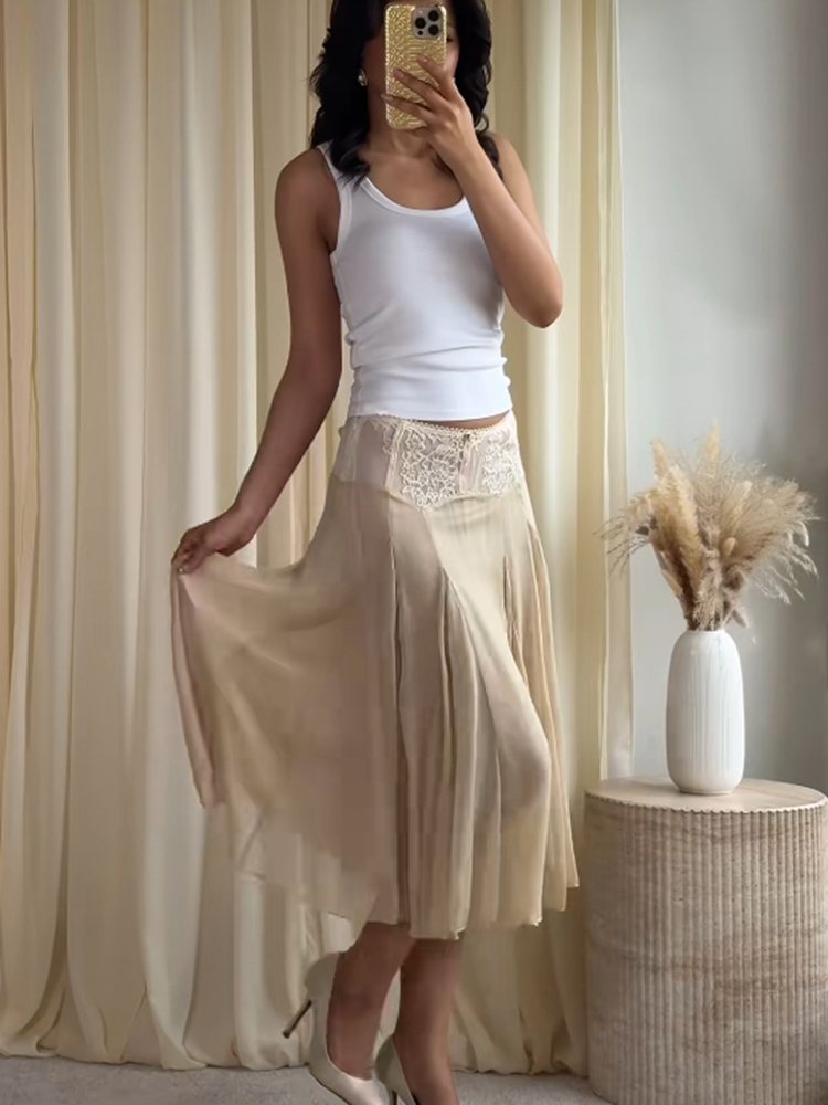 2026 Frühling Sommer Einfarbiger Transparenter Chiffon-Rock Spitze Schlanke Taille Plissierter A-Linien-Rock mit Applikationen Midi-Röcke Elegante Modische Damenoutfits