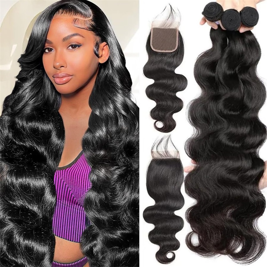 Extensioni di Capelli Umani Brasiliani Grezzi con Chiusura in Pizzo 4x4/5x5, Capelli Remy Non Trattati, 3/4 Fasci con Chiusura in Pizzo