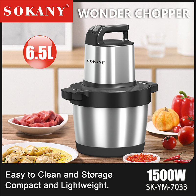 Moedor de carne de cozinha de aço inoxidável, 1500w, 6,5l, 3 engrenagens, motor poderoso, lâmina de 4 camadas, triturador de vegetais, cebola, alho