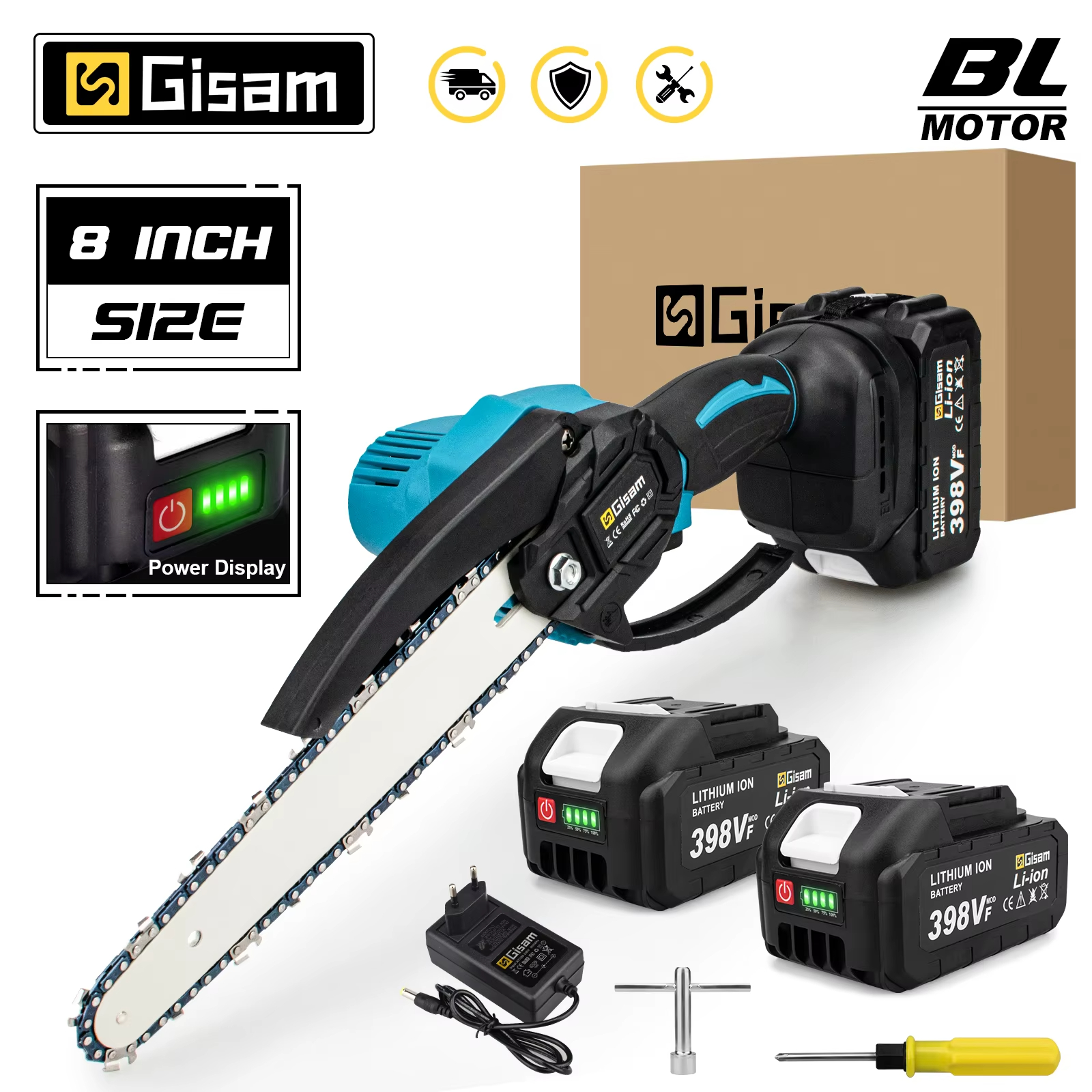GΣ 8 Zoll bürstenlose elektrische Kettensäge, elektrische Astsäge, Holzbearbeitungs-Schneidwerkzeug, kompatibel mit 18-V-Batterie-Pin von Makita