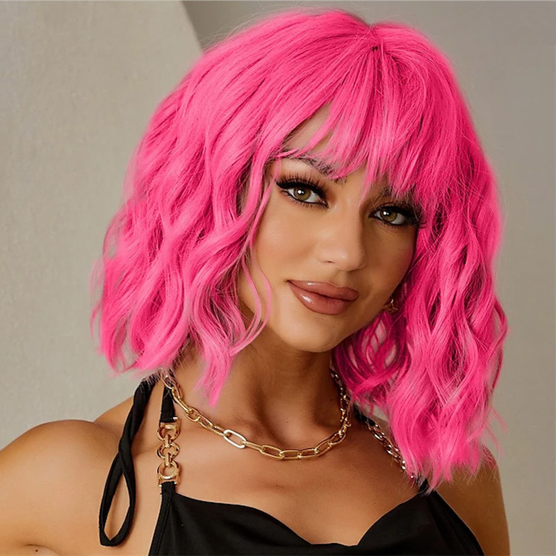HAIRJOY Peluca de pelo sintético para mujer, pelucas BOB rosas, peluca de fiesta corta y rizada resistente al calor