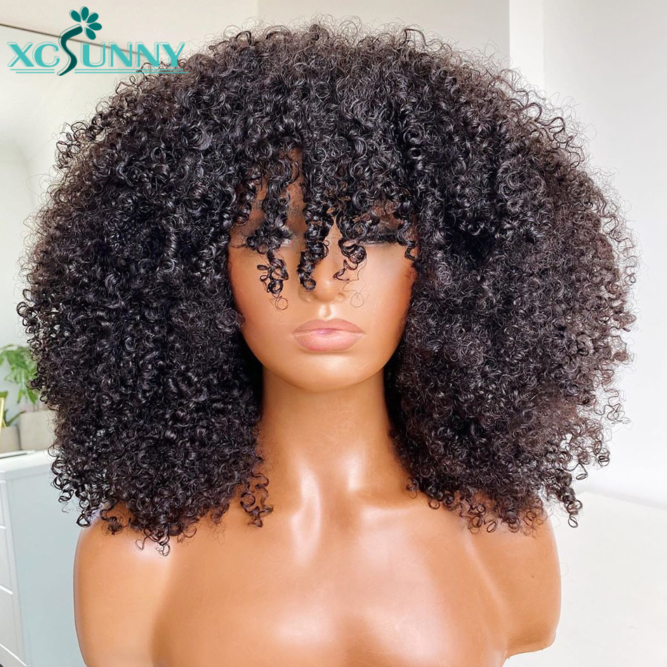 Afro kinky encaracolado peruca 200 densidade remy couro cabeludo brasileiro topo encaracolado bob perucas de cabelo humano com franja para mulher xcsunny