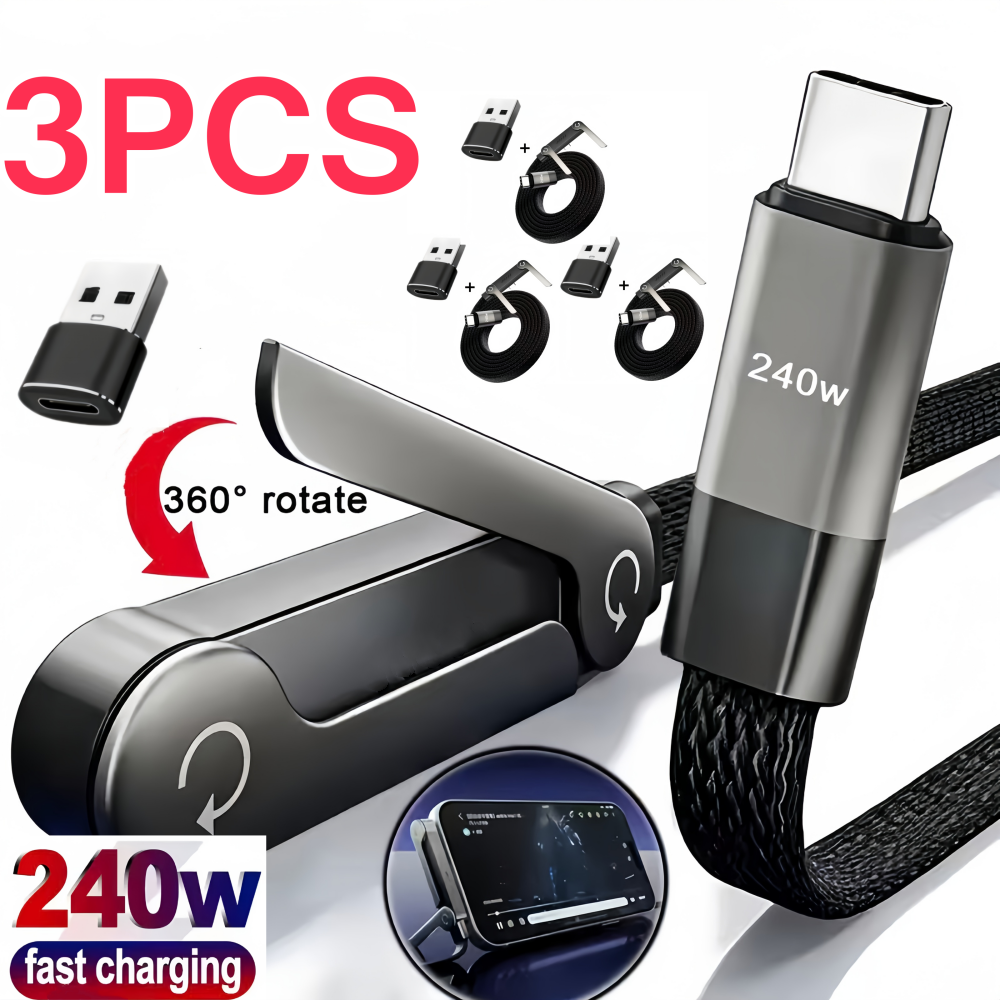 Cabo de Carregamento Dobrável 3/1PCS com Suporte Integrado, Cabo de Carregamento Rápido para Telefone e Tablet, Cabo de Dados Ultra-Rápido de 240W, Suporte para Telefone