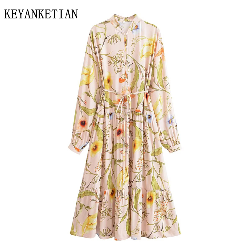 KEANKETIAN 2025 PRIMAVERA/otoño nuevo vestido MIDI con estampado de flores de estilo Pastoral con cordones vestido de viscosa escalonado de un solo pecho para mujer