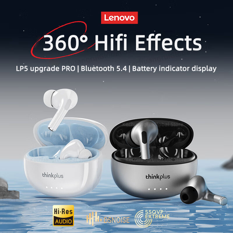 Беспроводные наушники Lenovo LP5 Pro Bluetooth 5.4 TWS HiFi, наушники-вкладыши, игровая спортивная гарнитура с сенсорным управлением и микрофоном