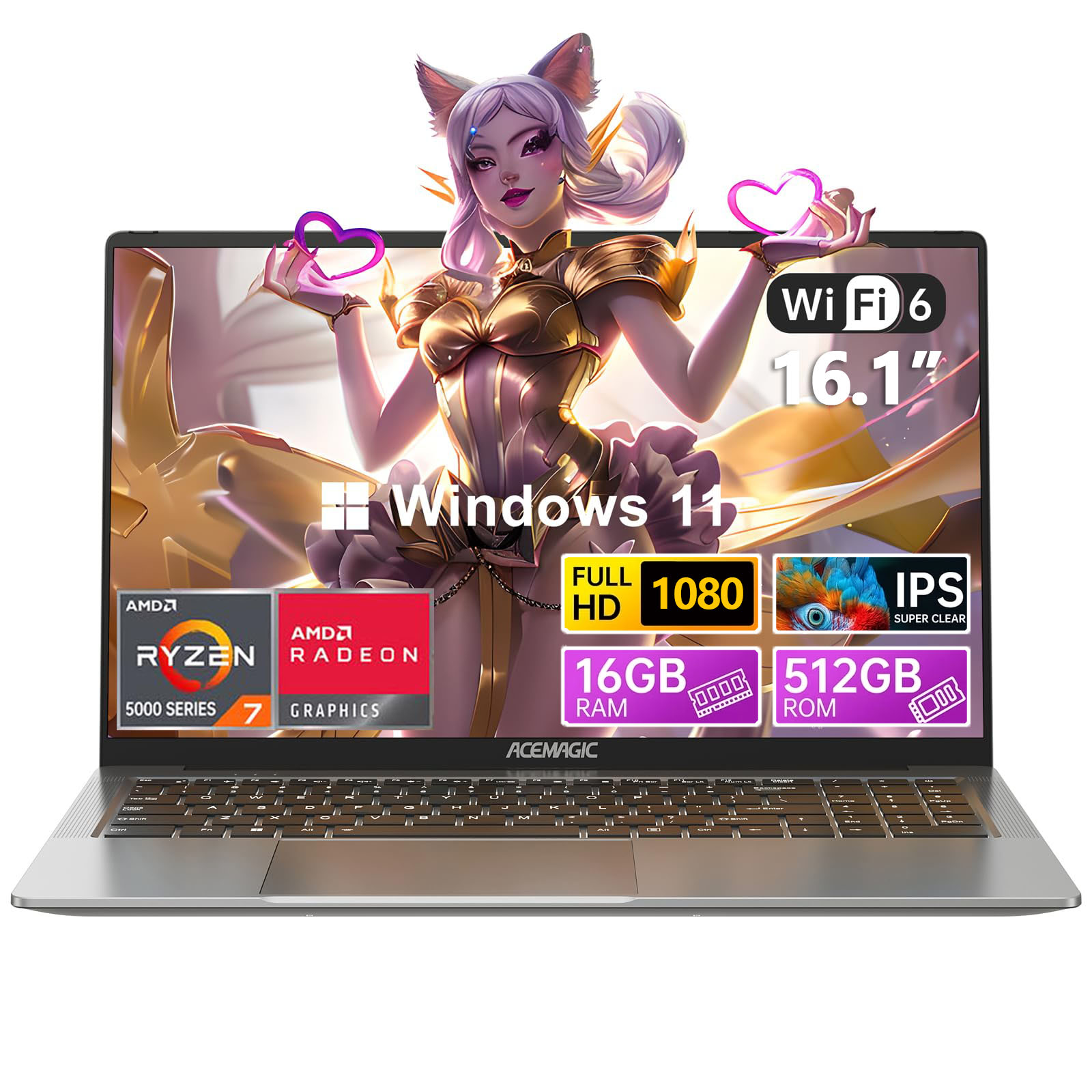 ACEMAGIC Gaming Notebook AMD Ryzen 7 5825U(Beat i7-1265U) ackbed Laptop Keyboard RAM 16GB NVME SSD 512GB "Full HD 1920x1080