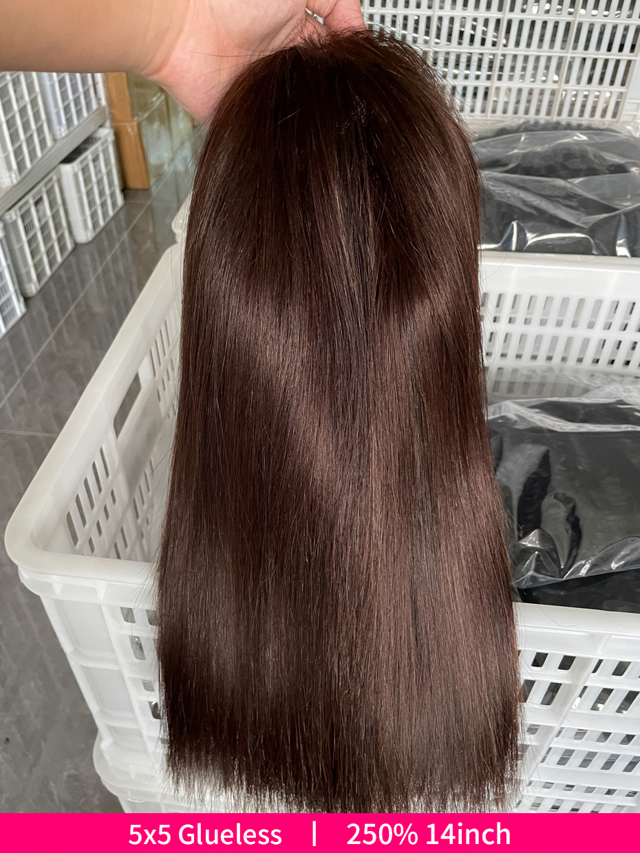 Peruka typu bob 5x5 SDD Glueless, wykonana w 100% z ludzkich włosów, z siatką lace front. # 2 Surowe, wietnamskie, proste jak drut peruki z ludzkich włosów z siatką (lace closure) o gęstości 250%, wstępnie wyskubane.